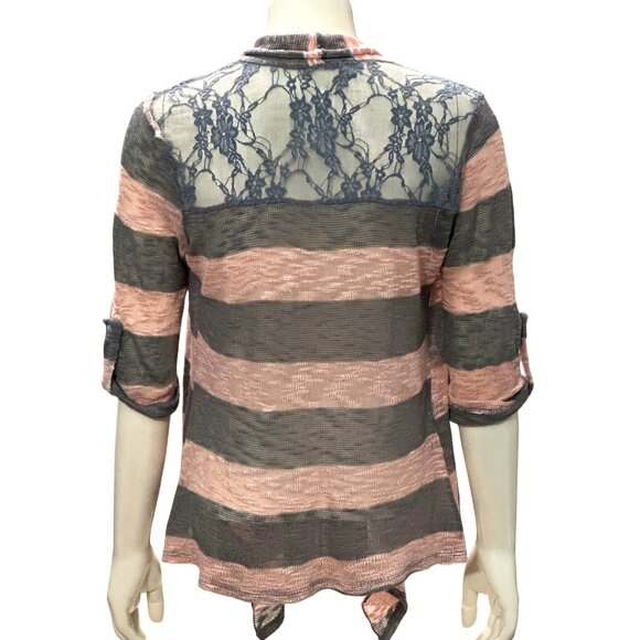 CCC Striped Lace Back Open Cardigan Roll Up Sleeves Waterfall Hem Size Medium - Picture 3 of 7